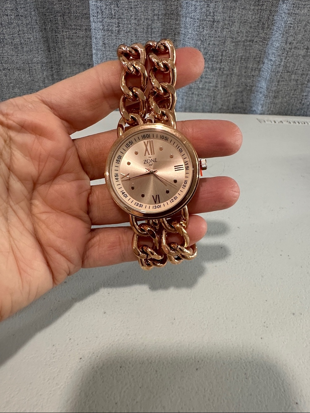 In zone 247 Women's Rose Gold Chain Link Bracelet Watch.